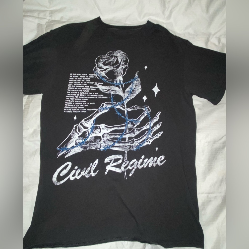 Medium Civilregime Tee with printed logo of rose in hand on front.